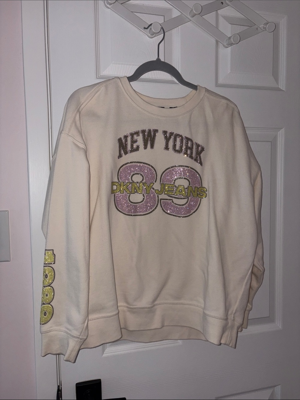 Dkny Cream Crewneck Sweatshirt with Pink & Yellow Graphic